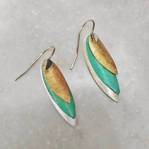 D1/10044 Silver-brass-cooper leaves earrings with turquoise patina